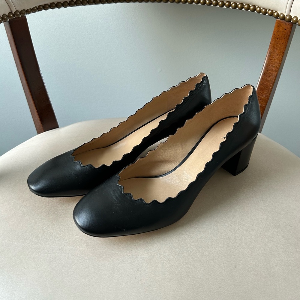 Chloe Black Scalloped Edge Leather Block Heel Pumps
